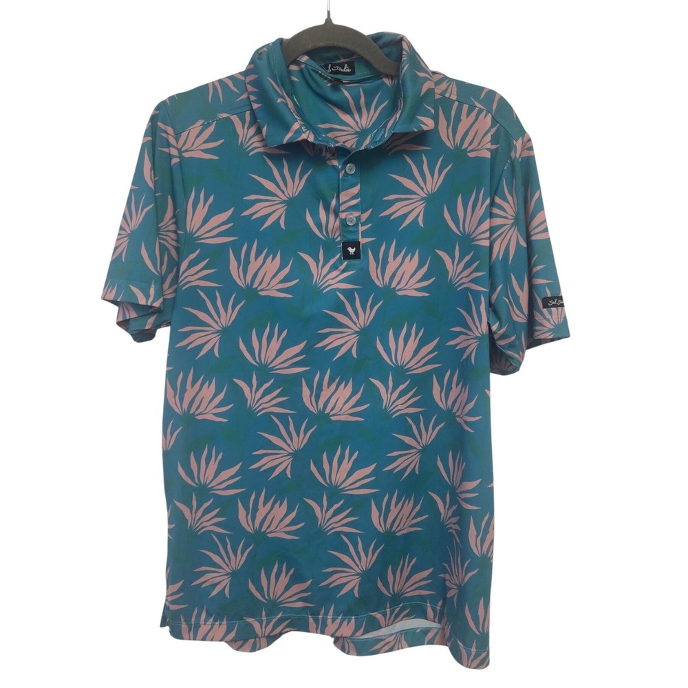 Bad Birdie Mens Golf Polo Shirt Teal Pink Floral Palm Leaf Print Short Sleeve M